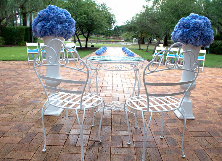 Urn & Pedestal Arrangement in Blue Wedding Signing Table & Chairs